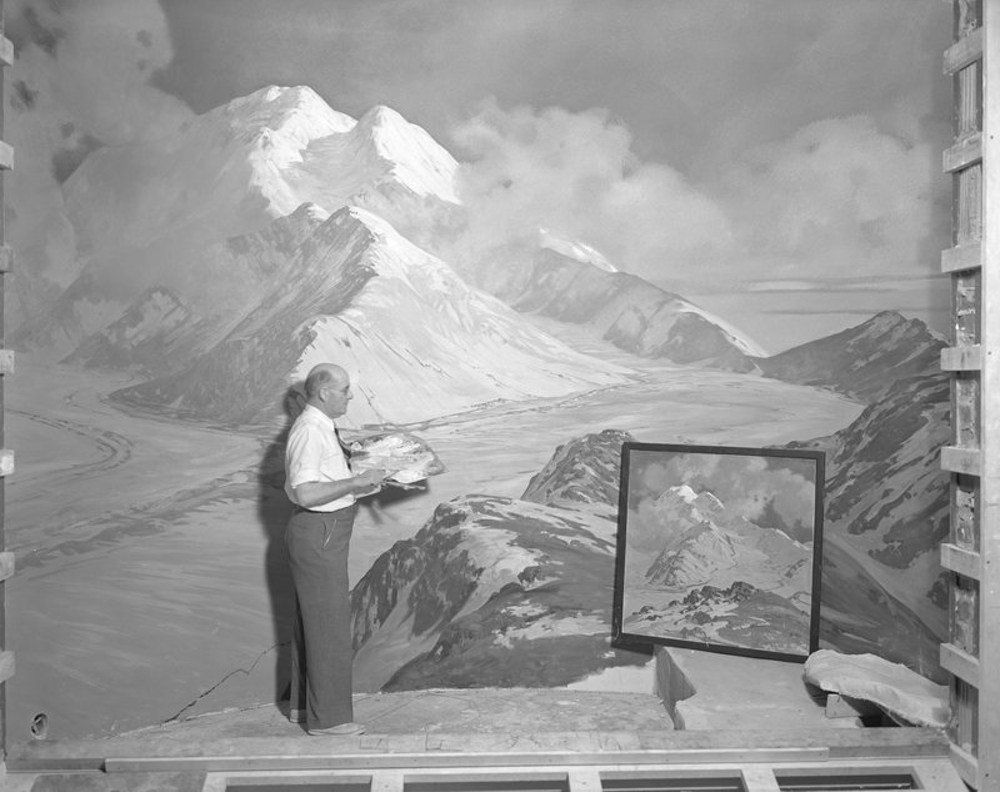 "Belmore Browne painting background for Bighorn Sheep Group, 1941"